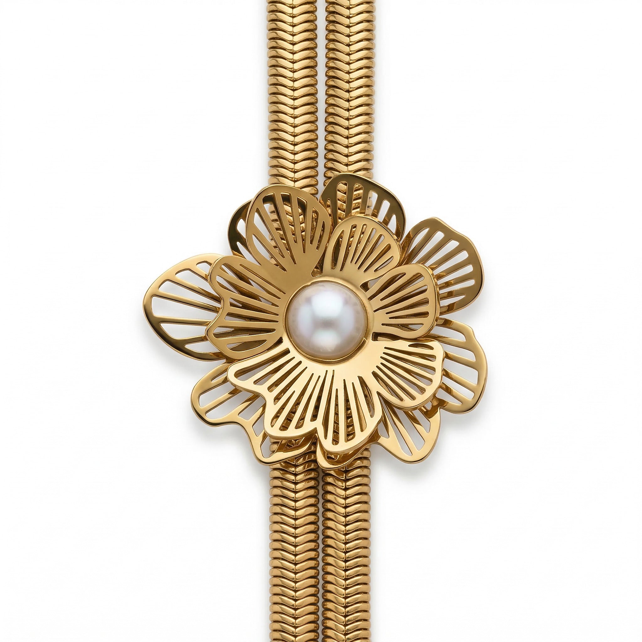 Double Herringbone Pearl Flower Gold Bracelet – Filigree Flower with Pearl | Bunniwear