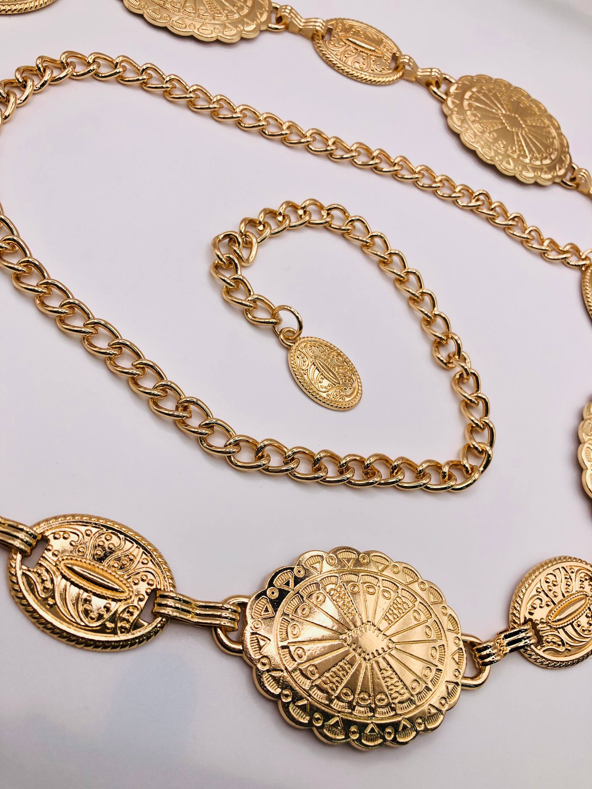 Gold Coin Stamp Chain Belt – Embossed Medallion Waist Chain