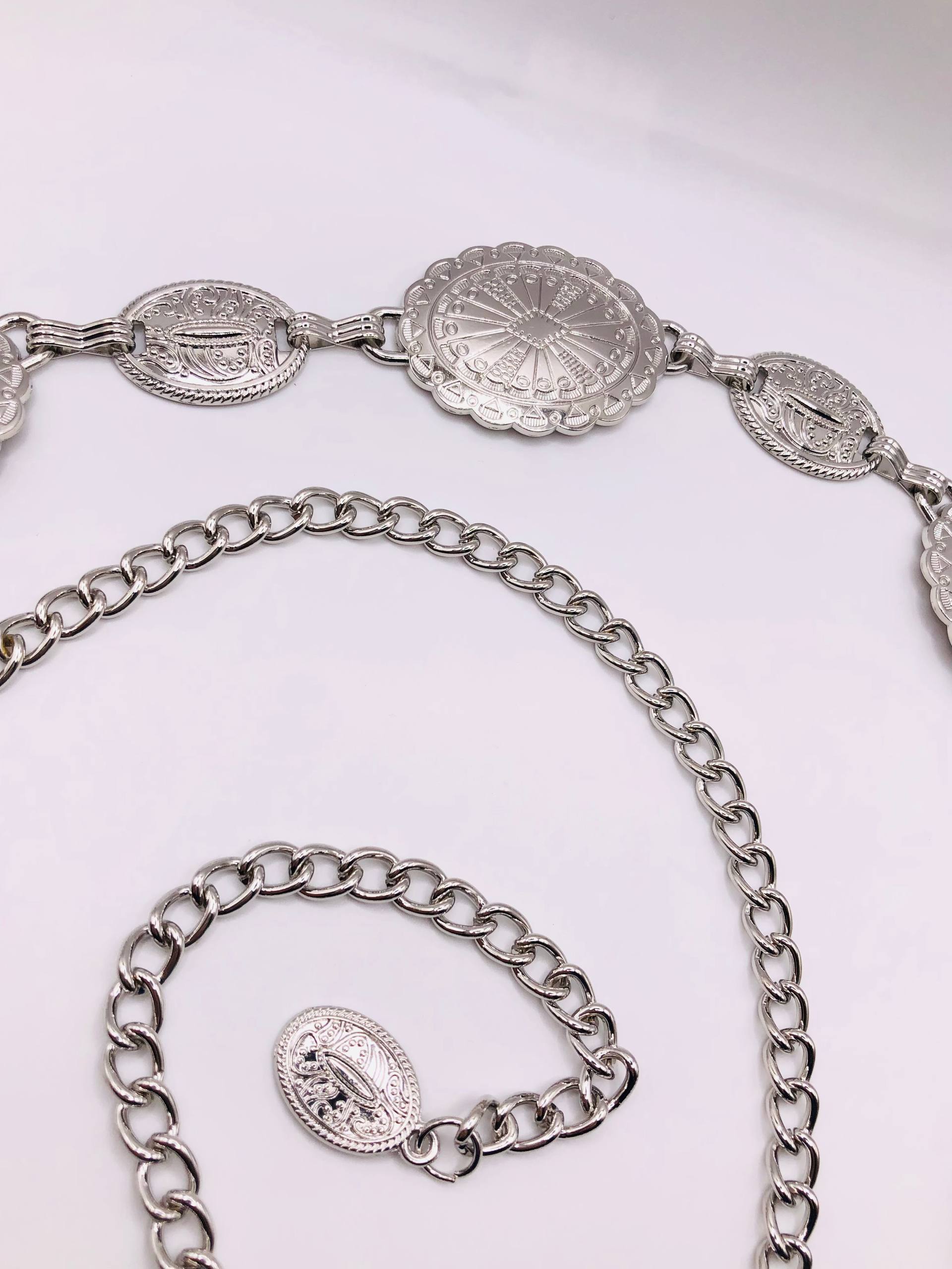 Silver Concho Chain Belt – Sunburst Medallion Waist Chain