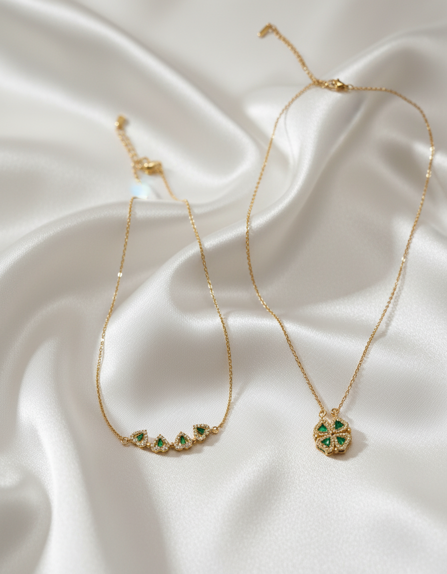 2-in-1 Transformable Emerald Necklace – Magnetic Clover & Heart Bar Pendant