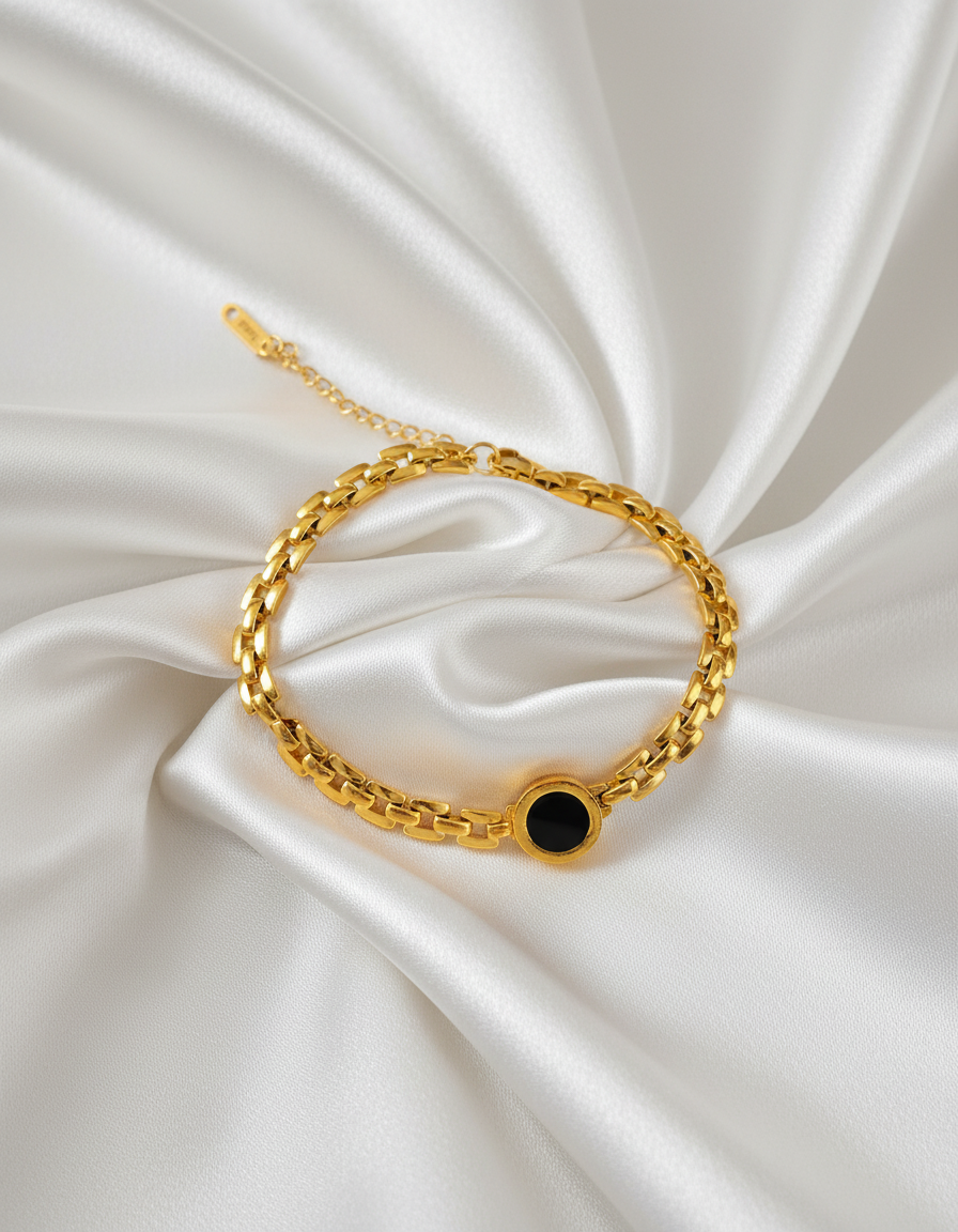 Gold Cuban Chain Bracelet with Black Circle Detail