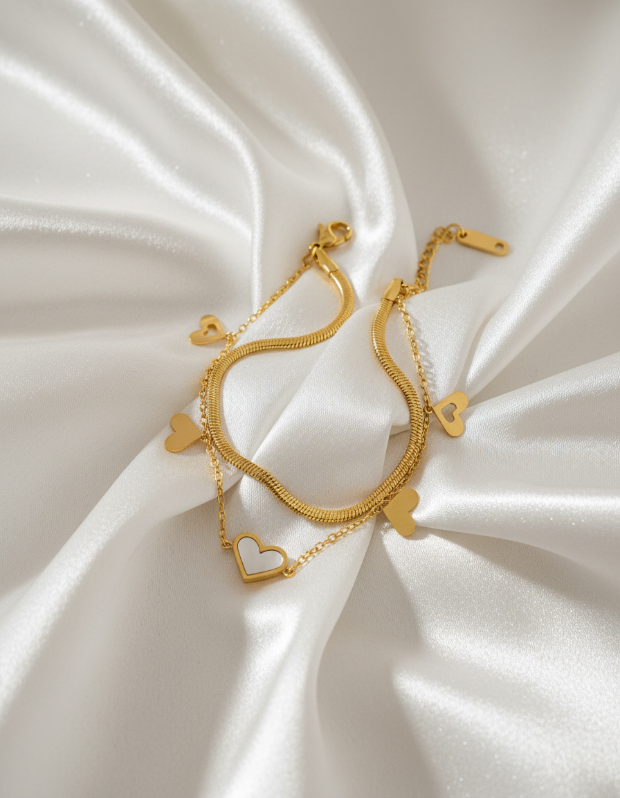 Double Layer Gold Bracelet with Heart Charms – Snake Chain Design
