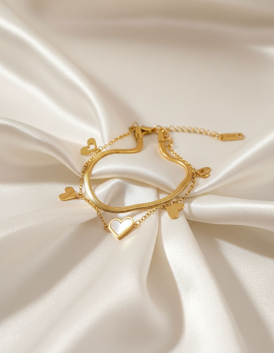 Double Layer Gold Bracelet with Heart Charms – Snake Chain Design