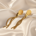 Gold Tassel Chain Earrings – Snake Chain Drop with Round Disc