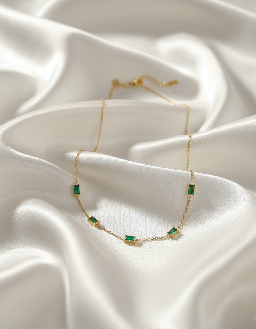 Emerald Baguette Station Necklace – Minimal Gold Chain
