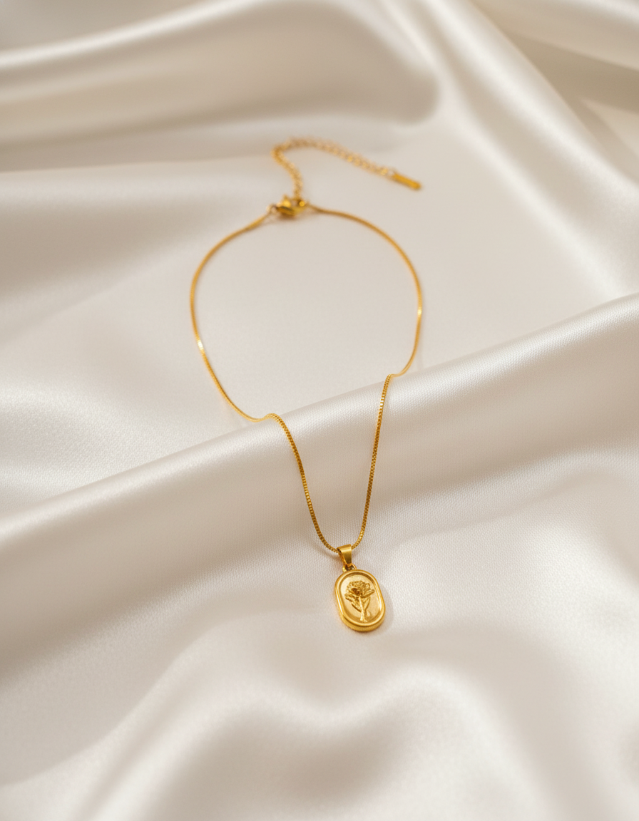 سلسلة الختم الذهبي بنقش وردة – دلاية بيضاوية فنتج