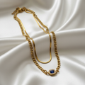 Gold Cuban Layered Necklace – Double Chain with Sapphire-Style Blue Pendant