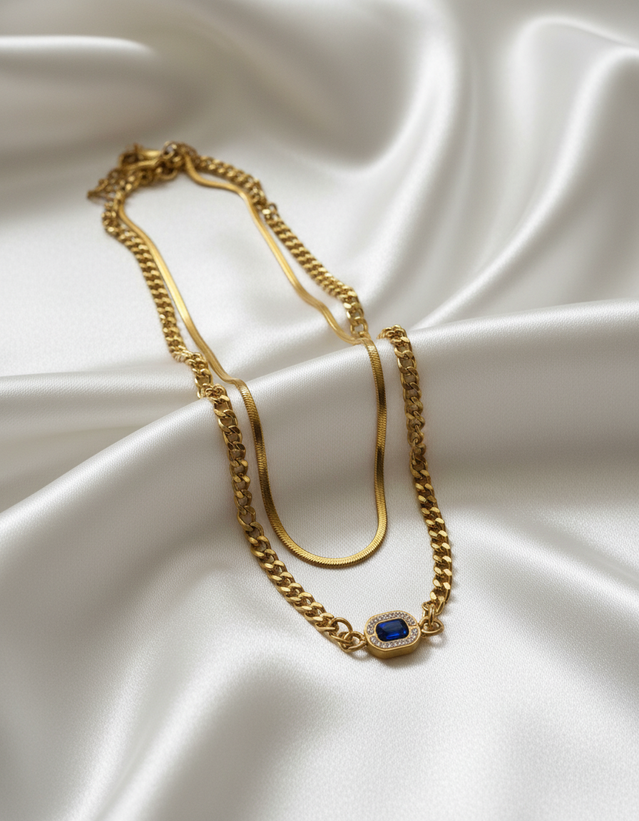 Gold Cuban Layered Necklace – Double Chain with Sapphire-Style Blue Pendant