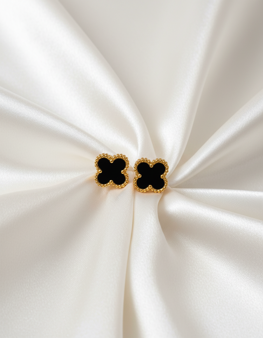 Black Clover Stud Earrings – Four-Leaf Floral Design