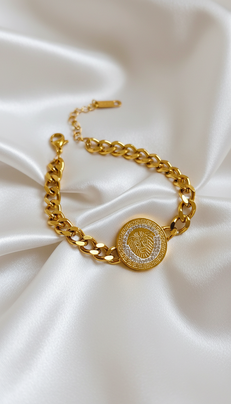 Gold Chain Bracelet with Lion Medallion