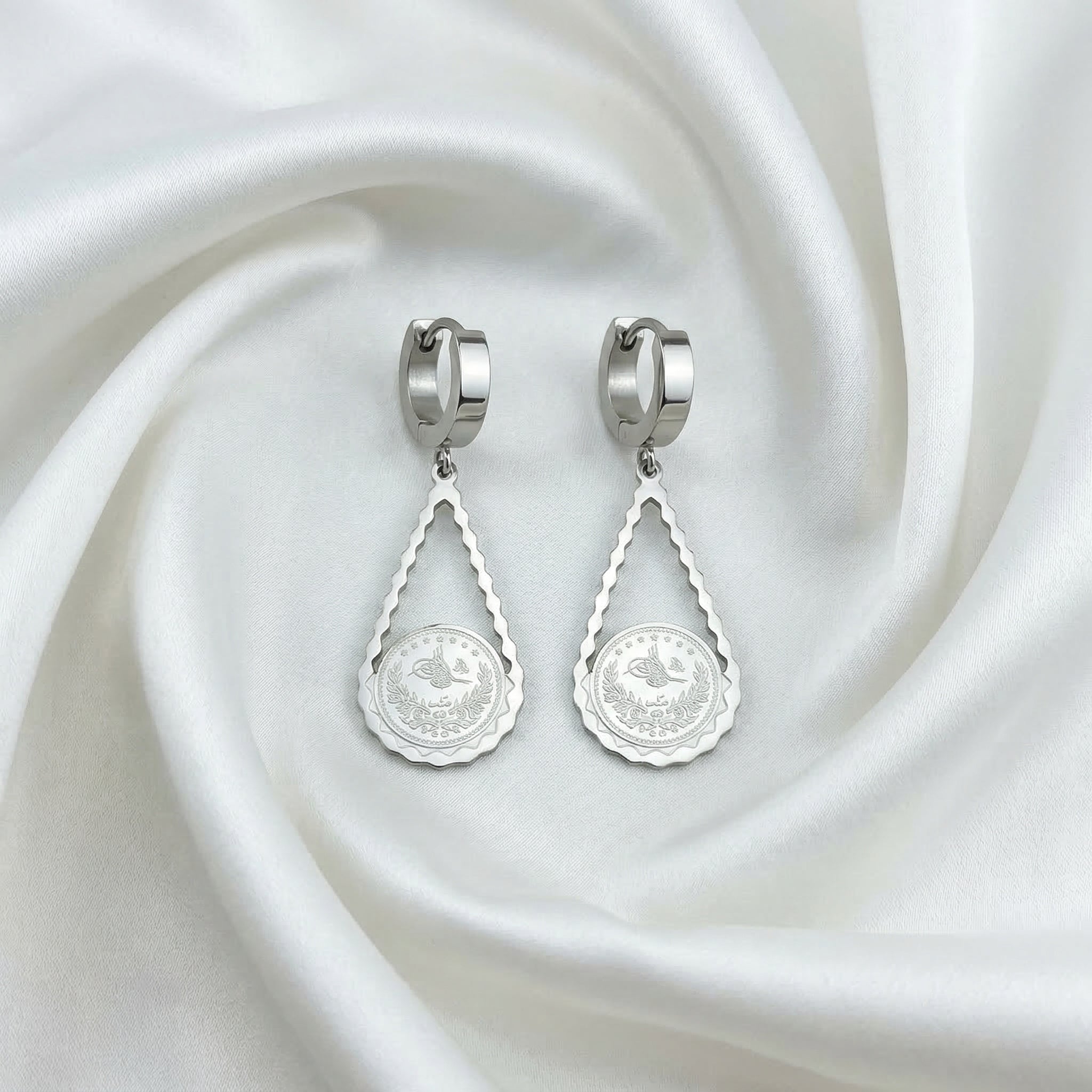 Silver medallion teardrop hoop earrings - Bunniwear