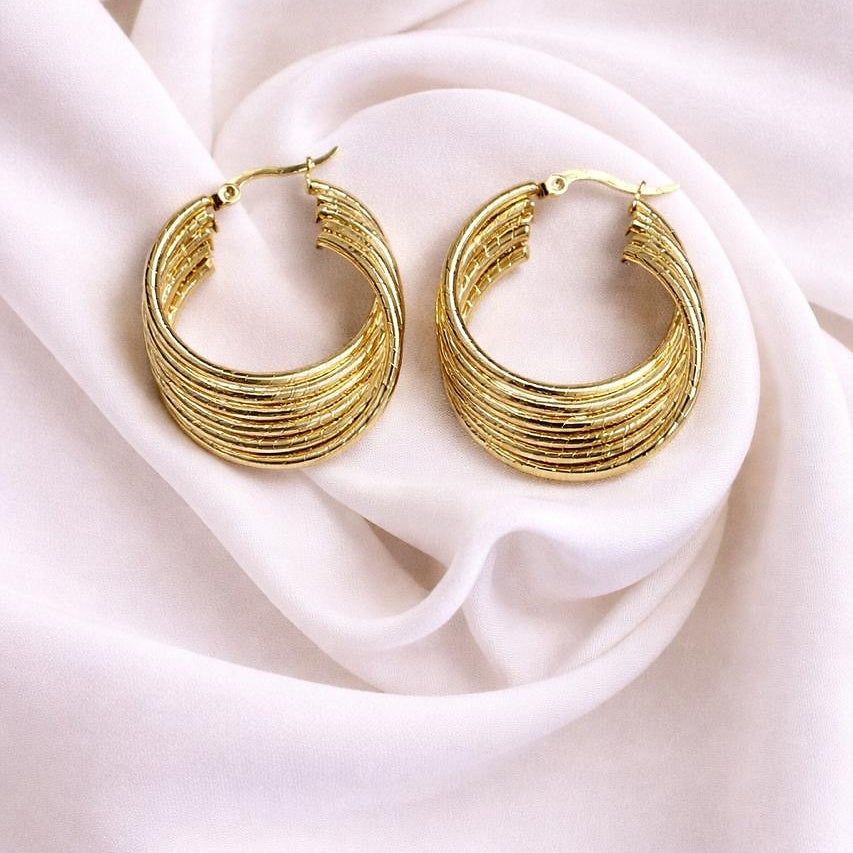 Gold multi-layer ribbed hoop earrings - Bunniwear