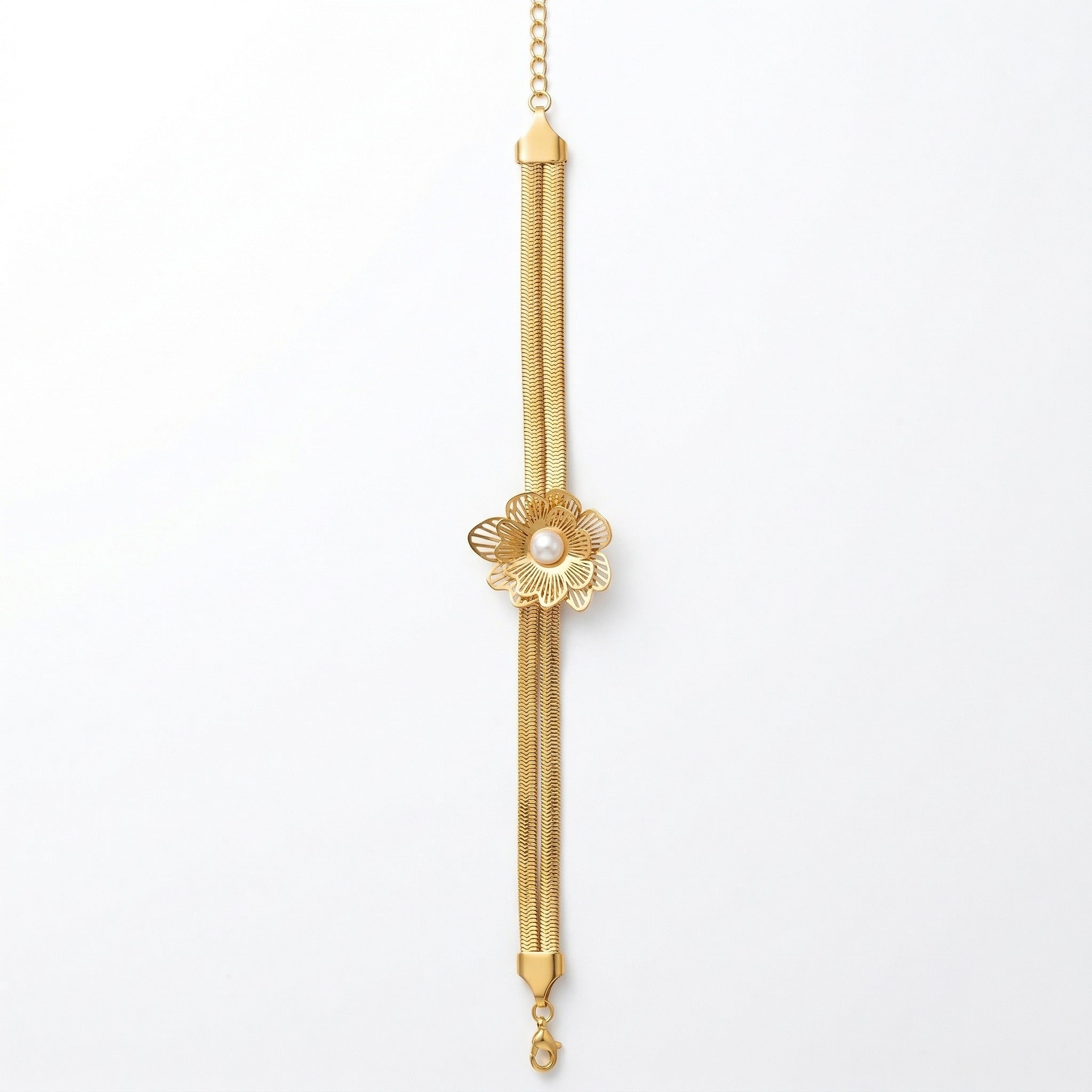 Double Herringbone Pearl Flower Gold Bracelet – Filigree Flower with Pearl | Bunniwear