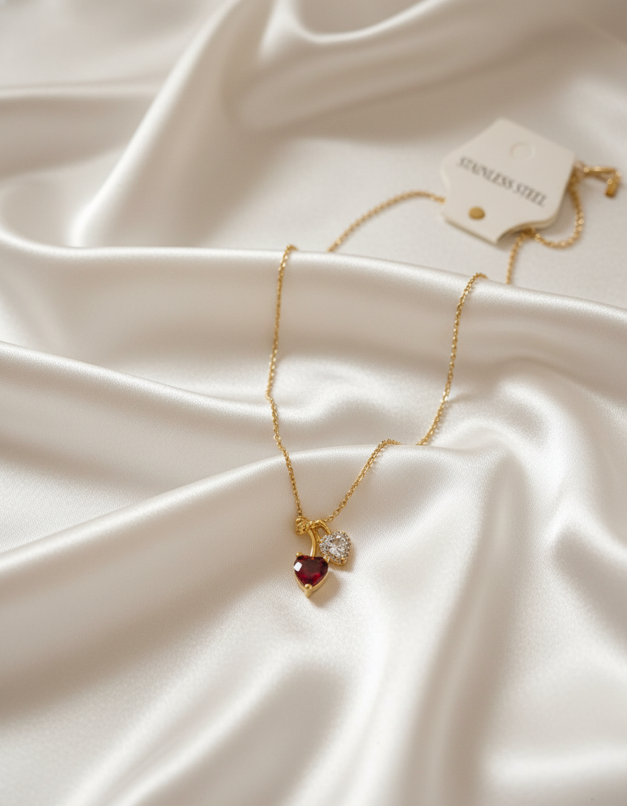 Double Heart Necklace – Red Crystal & CZ Heart Pendant