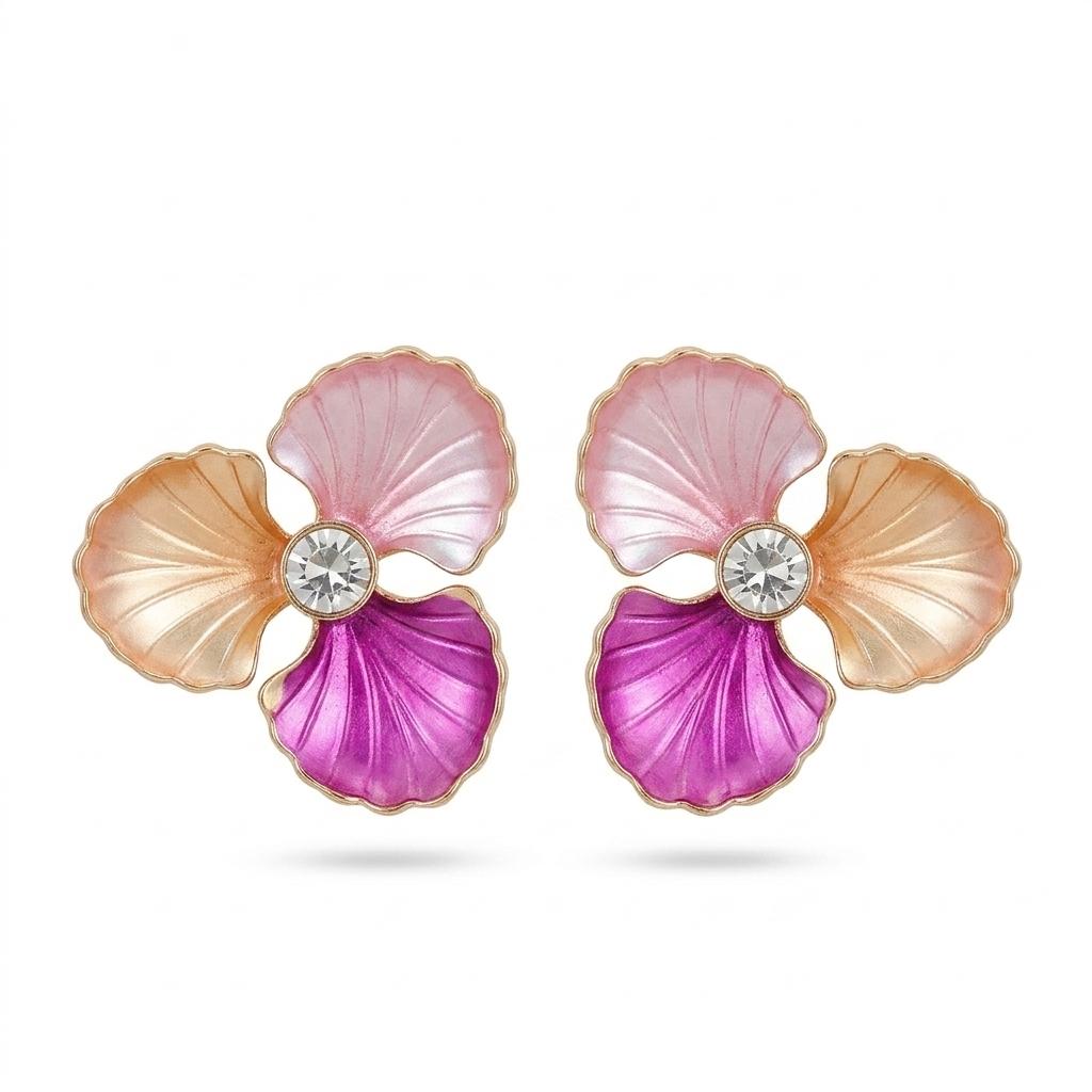 Pink Pansy Stud Earrings – Enamel Flower Crystal Center