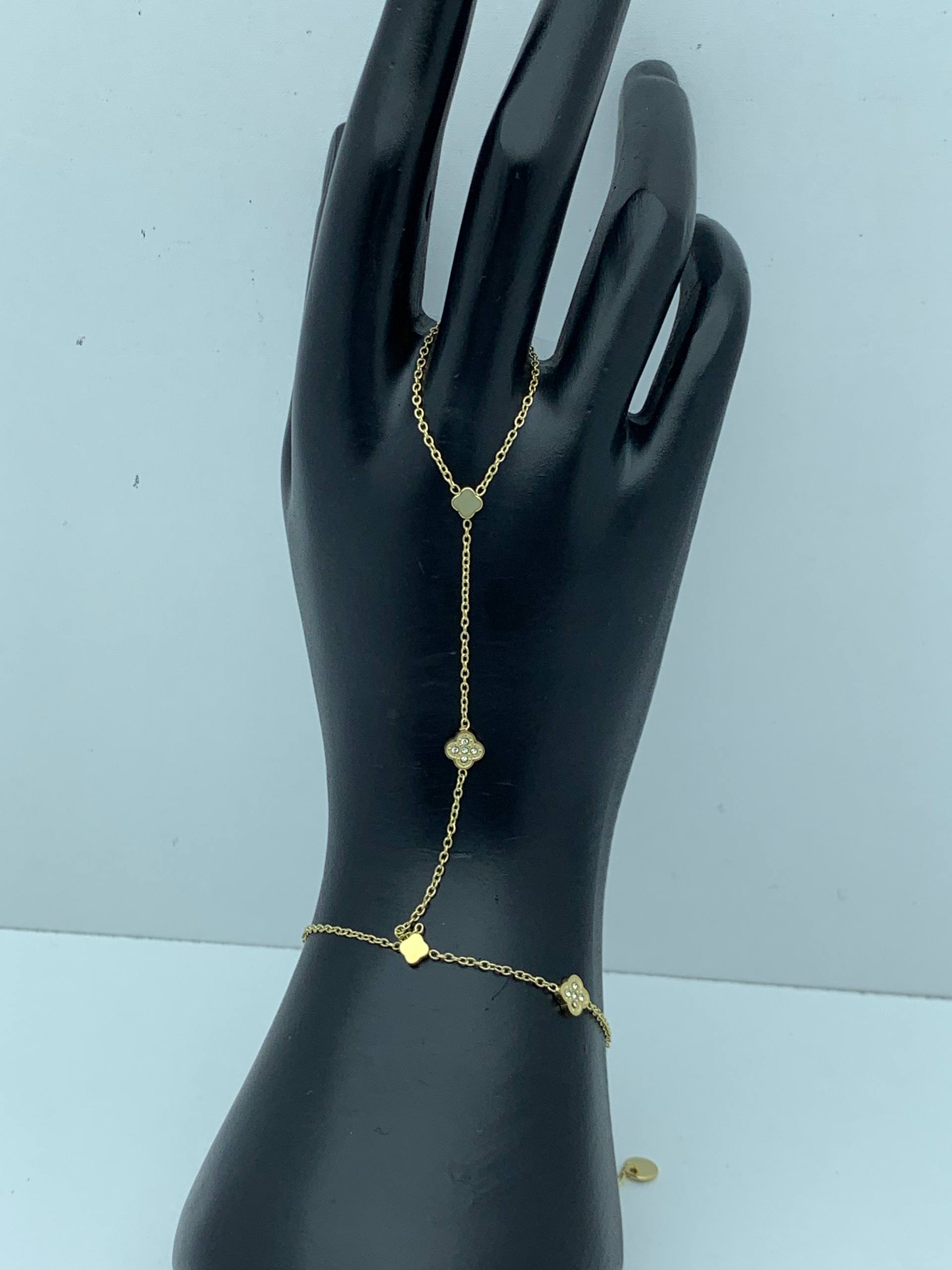 Black Clover Hand Chain Bracelet – Gold & Enamel Floral Design