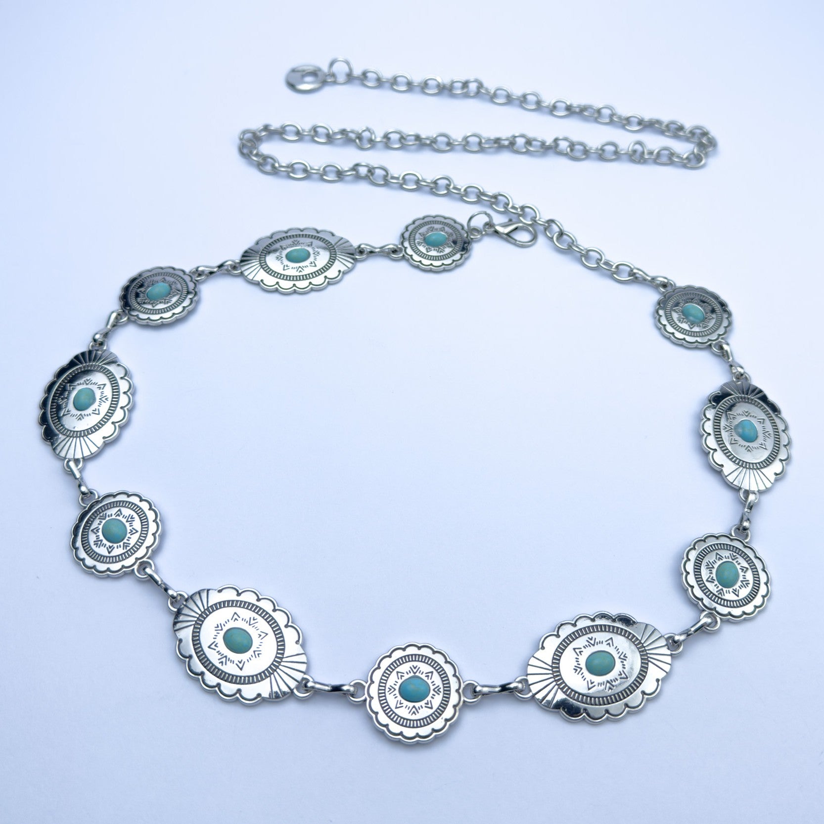 Silver Turquoise Stone Chain Belt – Western Concho Waist Chain