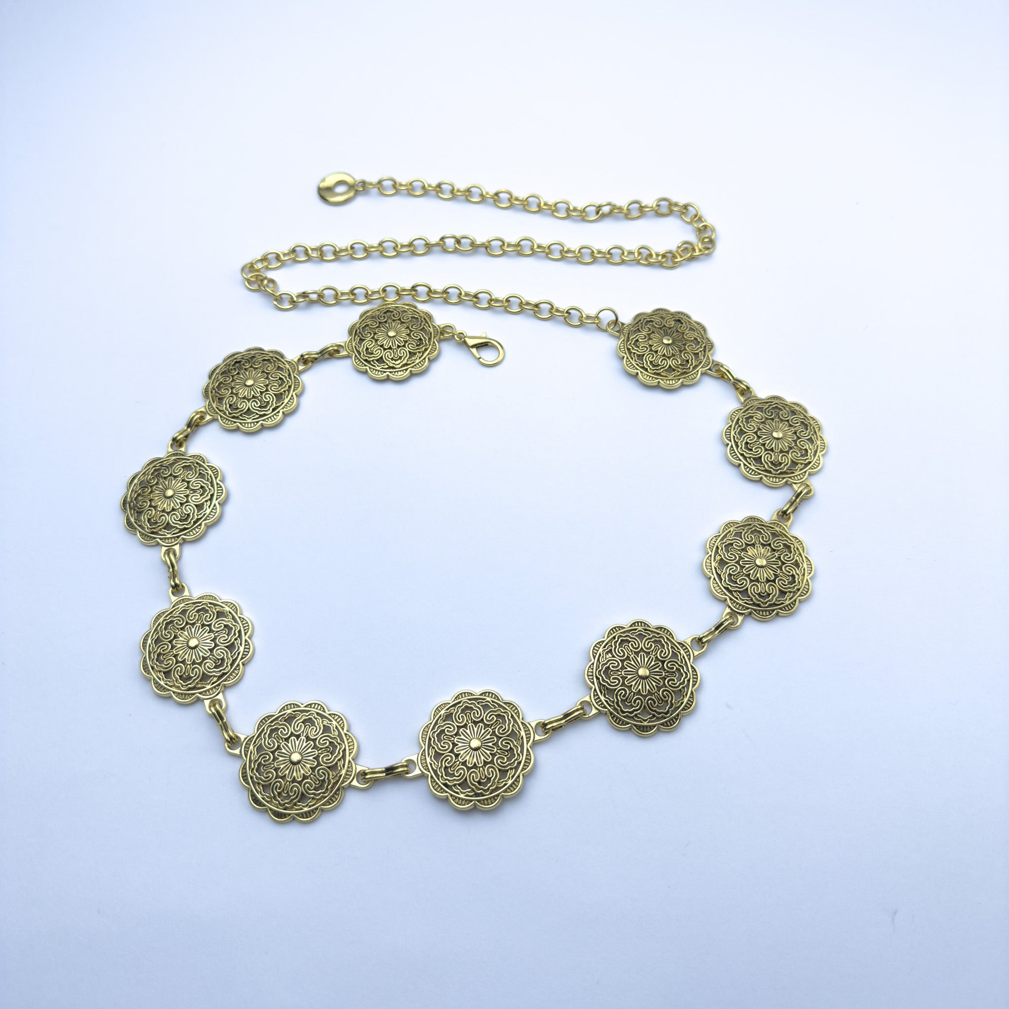 Gold Medallion Chain Belt – Engraved Floral Disc Waist Chain
