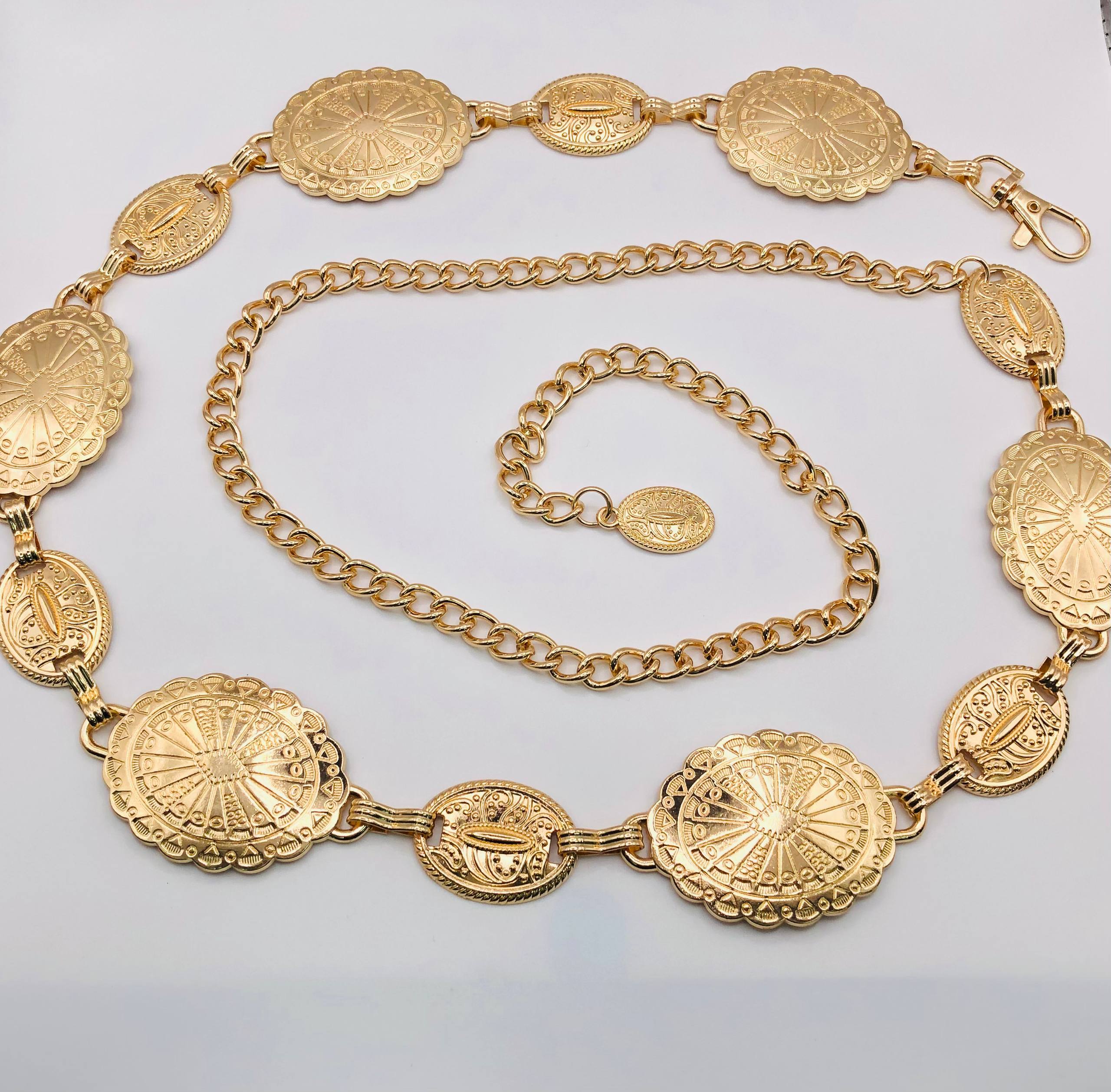 Gold Coin Stamp Chain Belt – Embossed Medallion Waist Chain