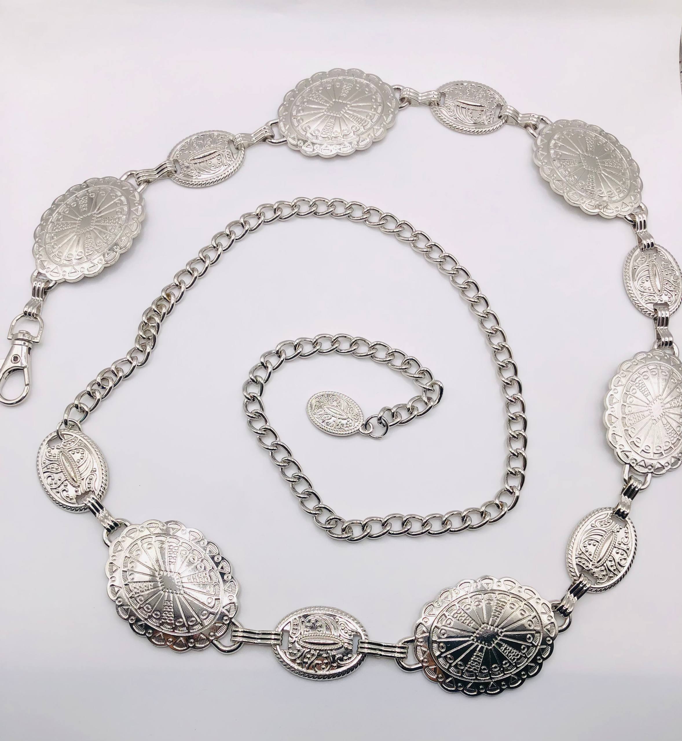 Silver Concho Chain Belt – Sunburst Medallion Waist Chain