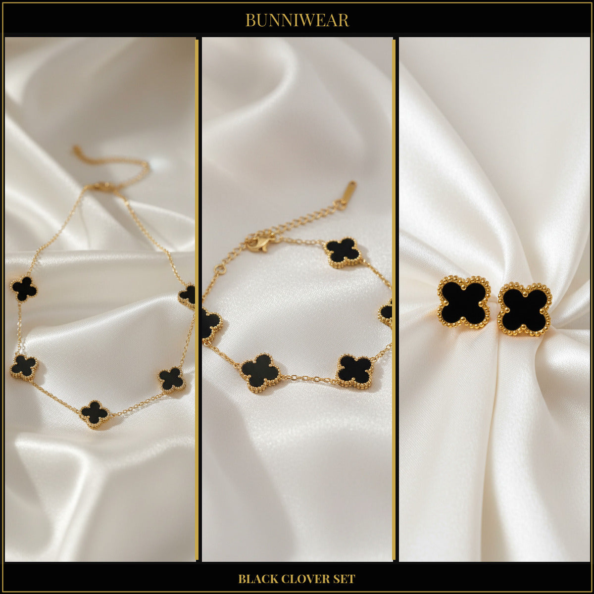 Bunniwear Black Clover Set – Necklace, Bracelet & Earrings | Waterproof Stainless Steel